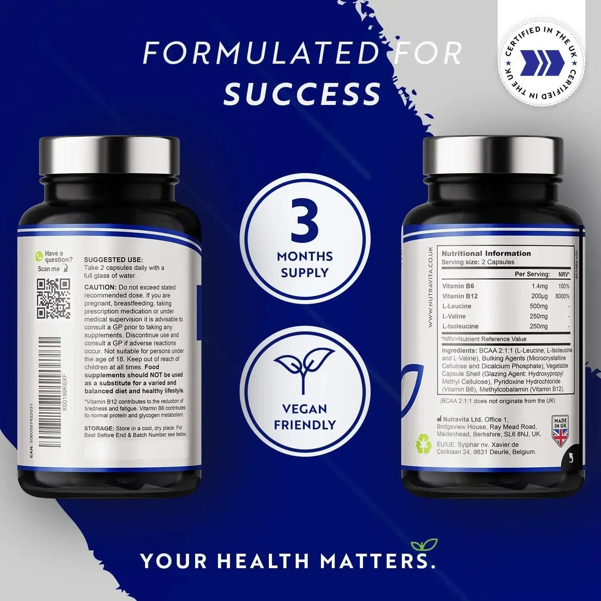 BCAA (2:1:1) s vitaminima B6 & B12 - 180 V kapsula. <tc>Nutravita</tc>