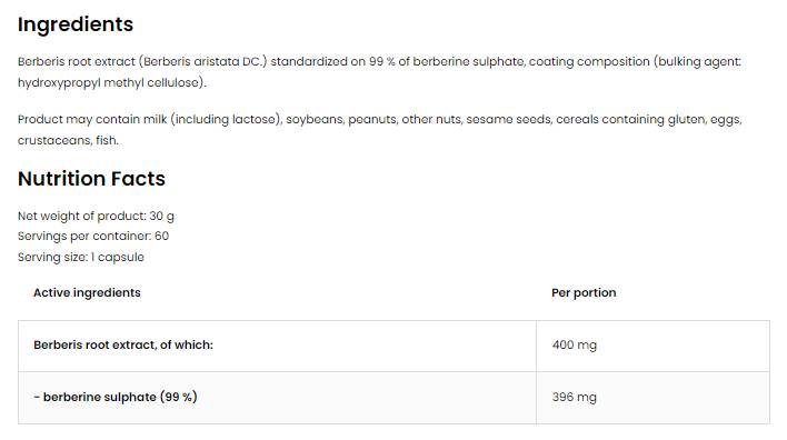 Berberin sulfat 396 mg | 99% ekstrakt korijena Berberis 60 kapsula