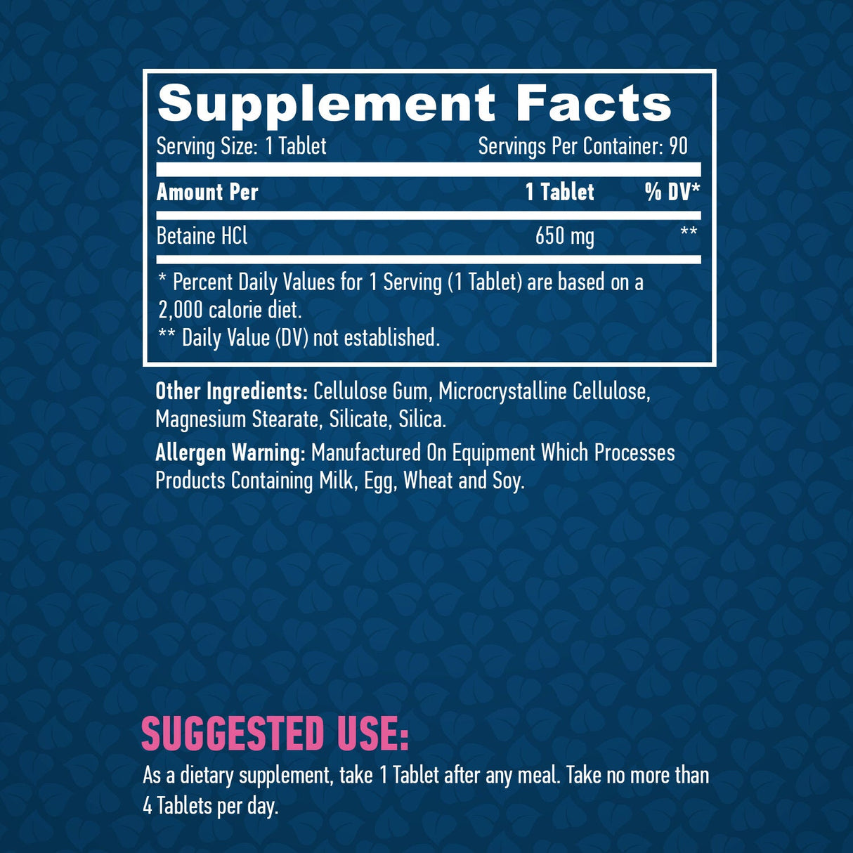 Betain HCL 650 mg/90 tab.
