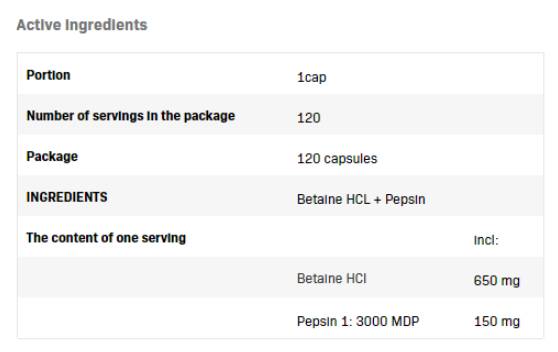 Betain Hcl 650 mg + Pepsin - 120 kapsula