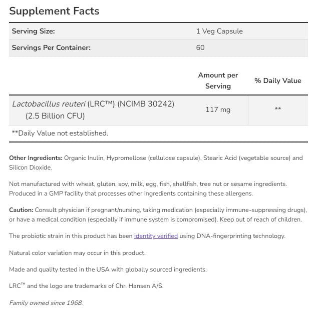 Klinički probiotik za zdravlje srca | Lactobacillus reuteri LRC™ 2,5 milijarde - 60 kapsula