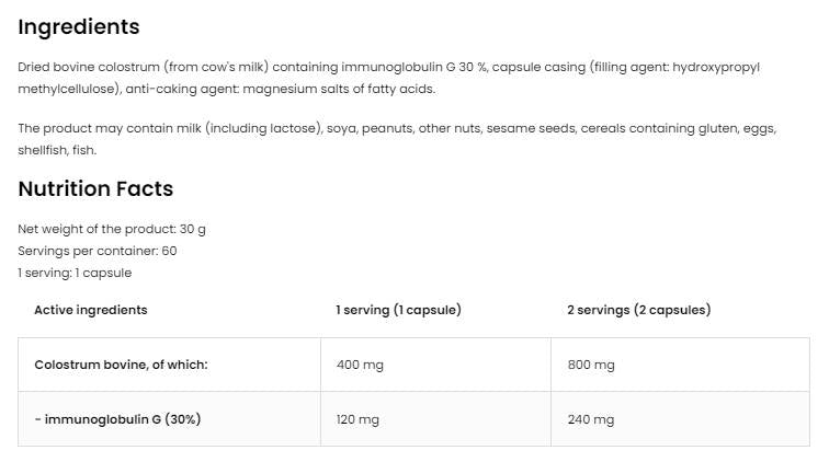 Goveđi kolostrum 400 mg | 30% Imunoglobulin G 60 kapsula