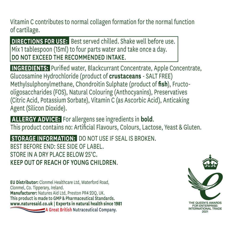 Koncentrirana tekuća formula za zdrave zglobove s glukozaminom, MSM-om i hondroitinom (glukozamin, MSM & Tekući hondroitin) 500 ml NaturesAid