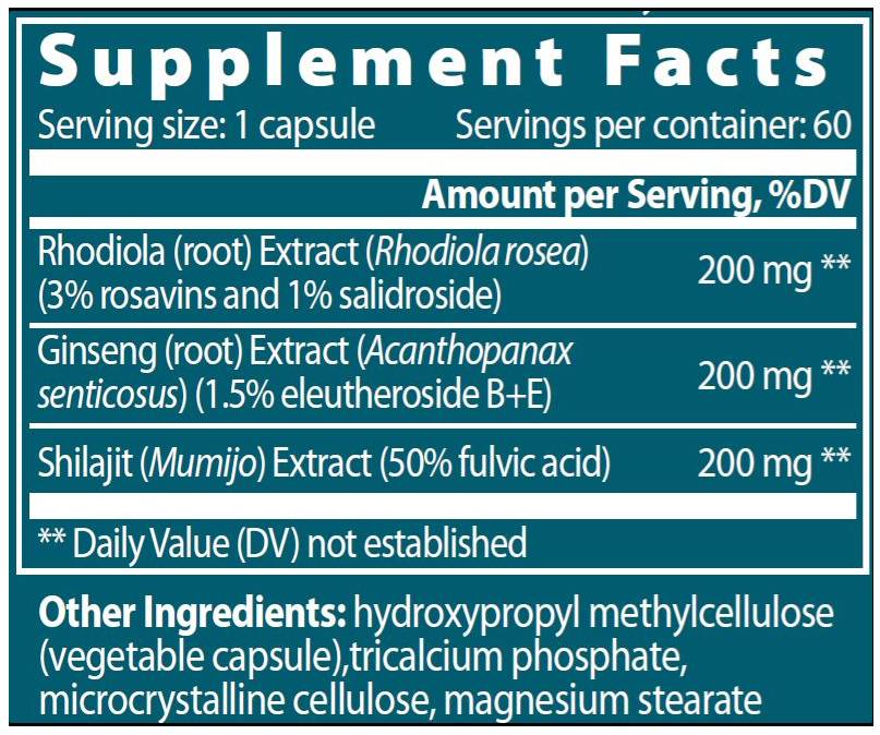 Istočni adaptogen | Rhodiola + Ginseng + Shilajit - 60 kapsula