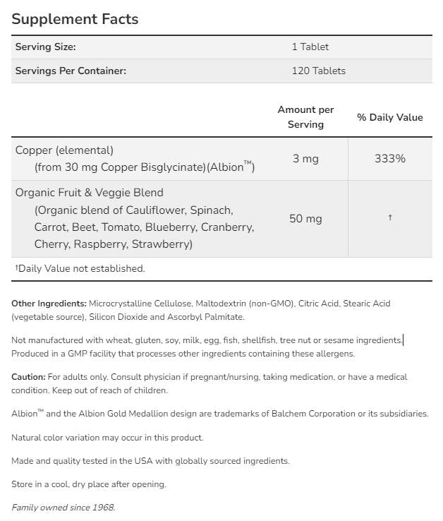 Copper Glycinate 3 mg | Albion™ Copper Bisglycinate - 120 Таблетки - Feel You