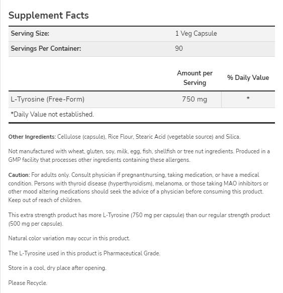 L-tirozin 750 mg | Extra Strength - 90 kapsula