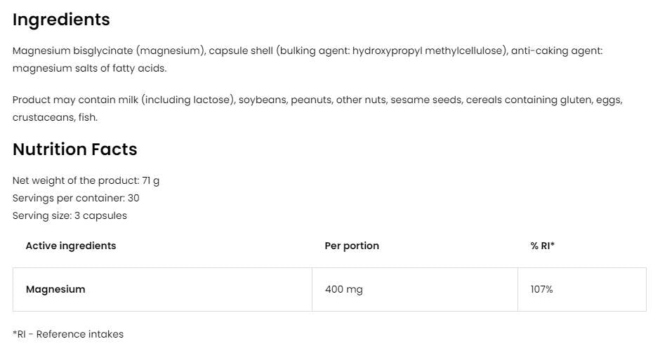 Magnezijev glicinat | Porcija od 400 mg magnezij bisglicinata 90 kapsula