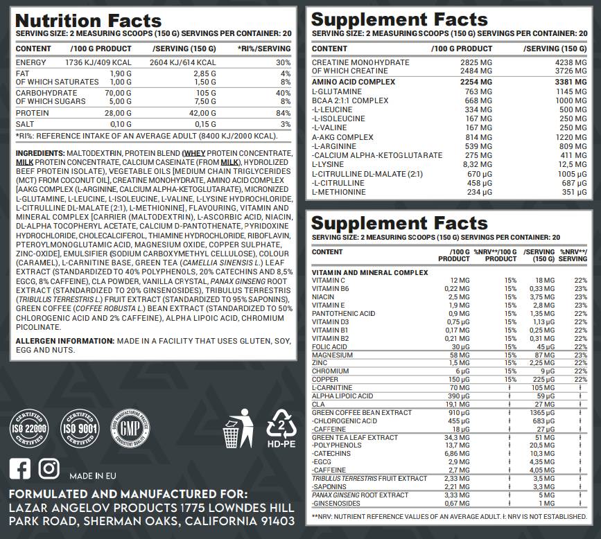 Masivni Gainer | s kreatinom i aminokiselinama & Vitamini - 3000 grama
