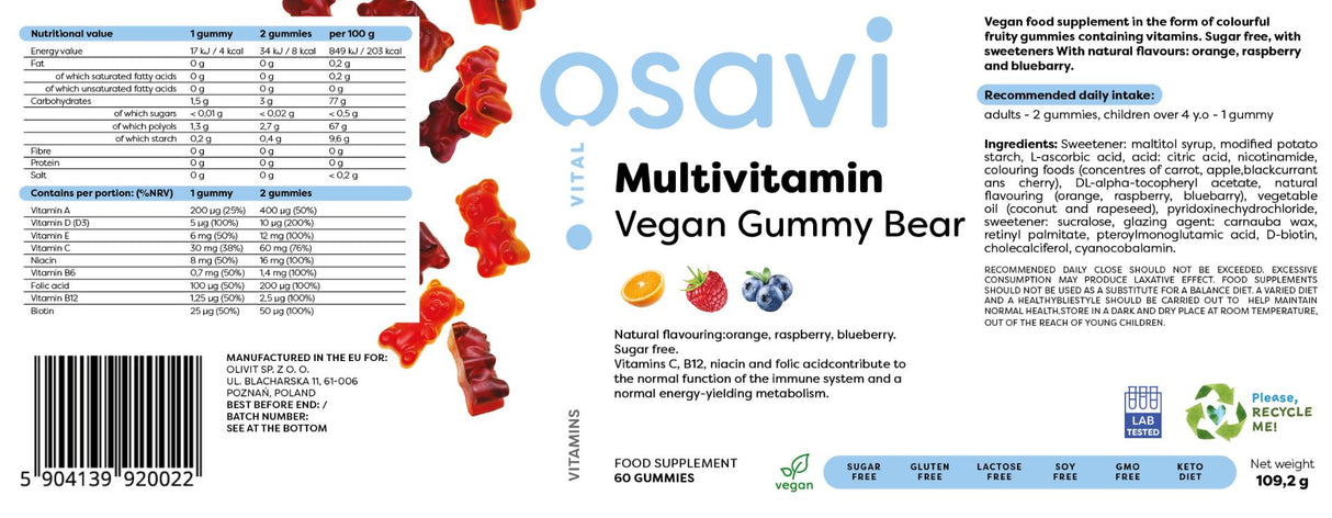 Multivitaminski veganski gumeni medvjedić | Naranča, malina, borovnica - 60 gumenih bombona