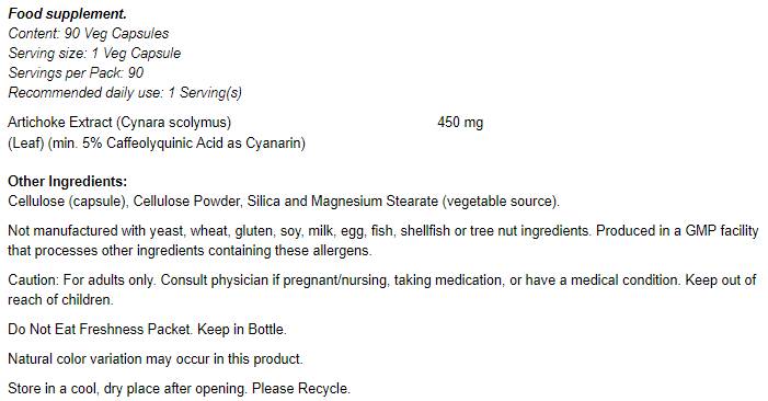 Ekstrakt artičoke 450mg - 90 kapsula