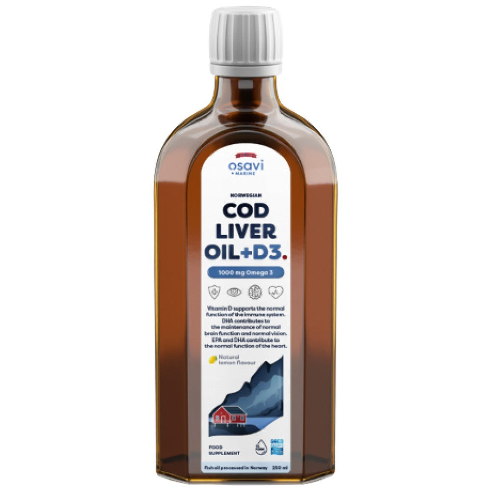 Norveško ulje jetre bakalara + D3 | Tekuća Omega + D3 s okusom limuna - 250 ml