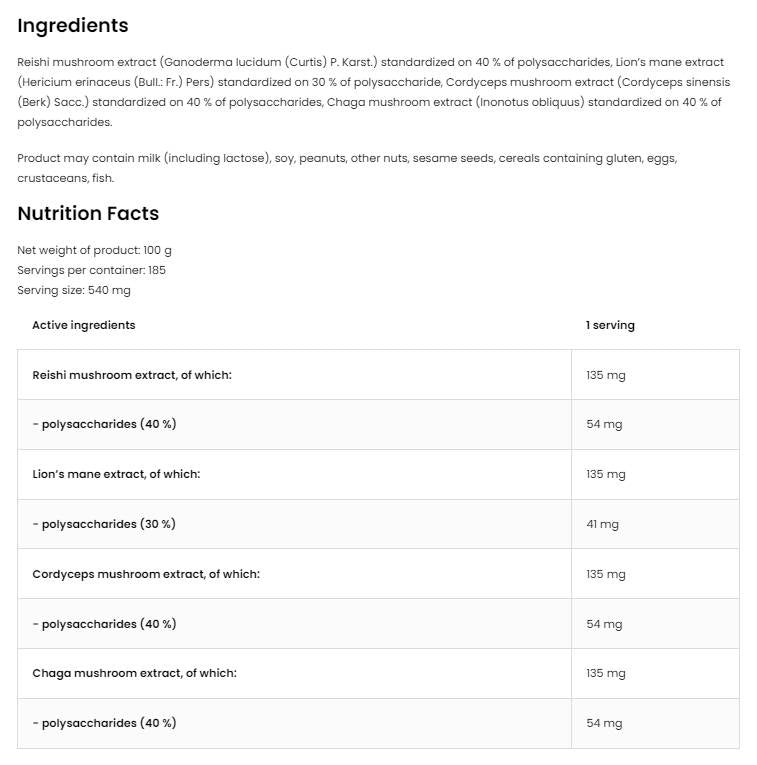 Quatro mješavina gljiva u prahu | Lavlja griva ~ Reishi ~ Cordyceps ~ Chaga 100 grama