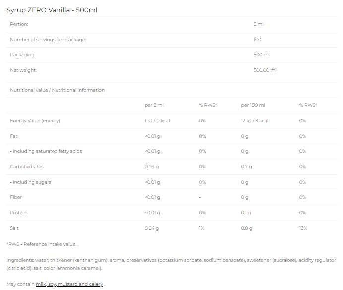 Sirup Zero - Vanilija - 500 ml
