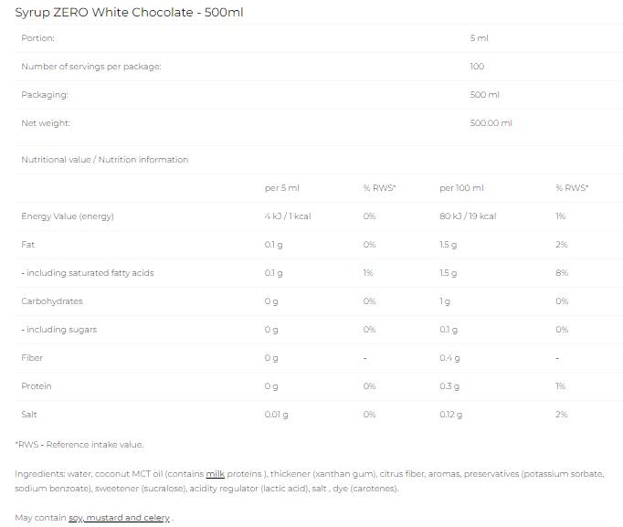 Sirup Zero - Bijela čokolada - 500 ml