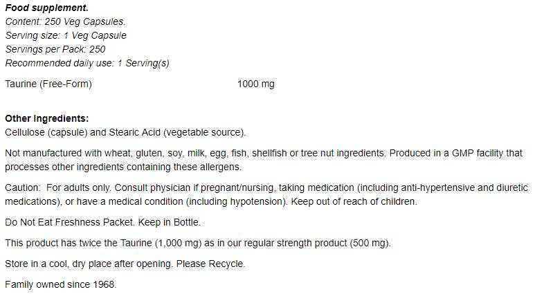 Taurin 1000 mg/Double Strength - 250 kapsula