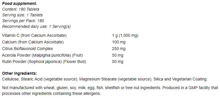 Kompleks vitamina C-1000 - puferiran s 250 mg bioflavonoida - 180 tableta