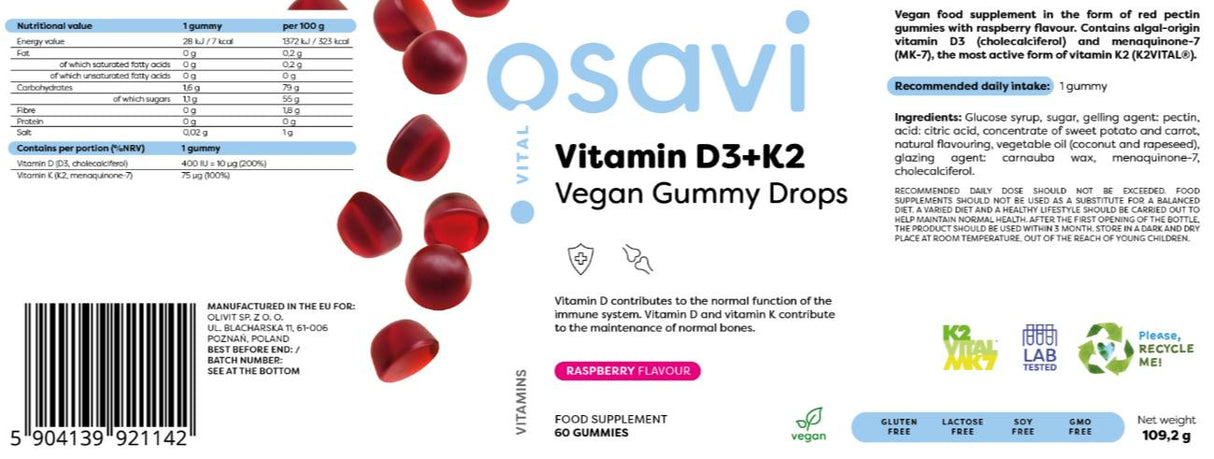 Vitamin D3 400 IU + K2 75 mcg | Veganske gumene kapi - 60 bombona