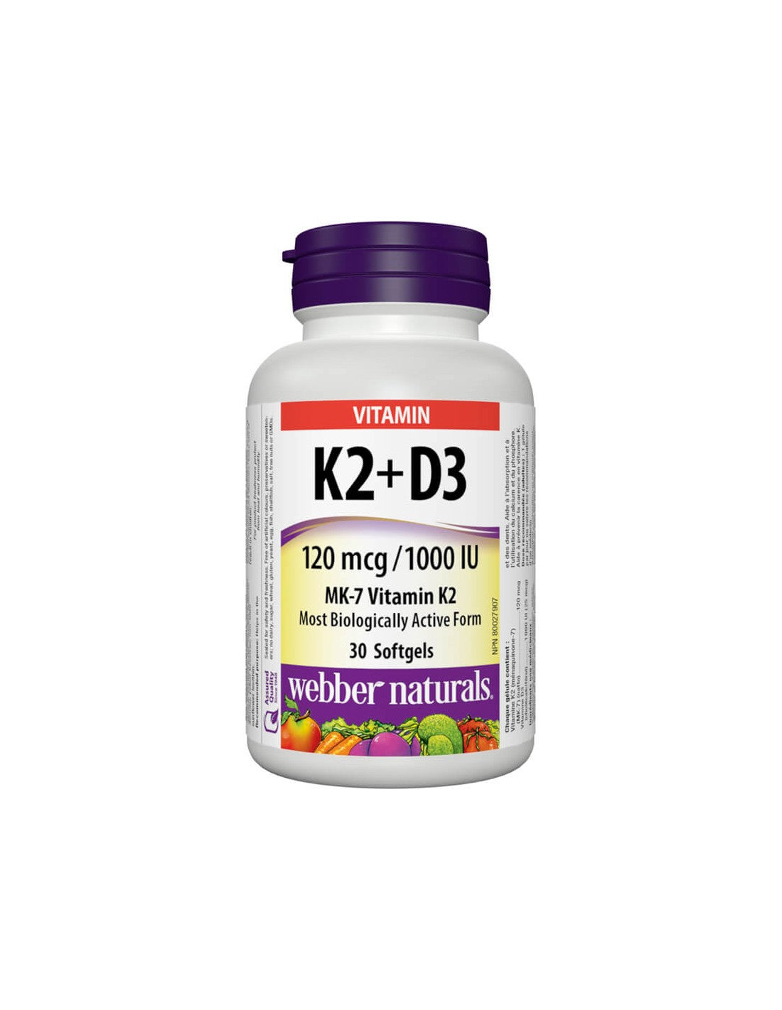 Vitamin K2 + D3/Vitamin K2 120 µg + D3 1000 IU, 30 mekih kapsula <tc>Webber Naturals</tc>