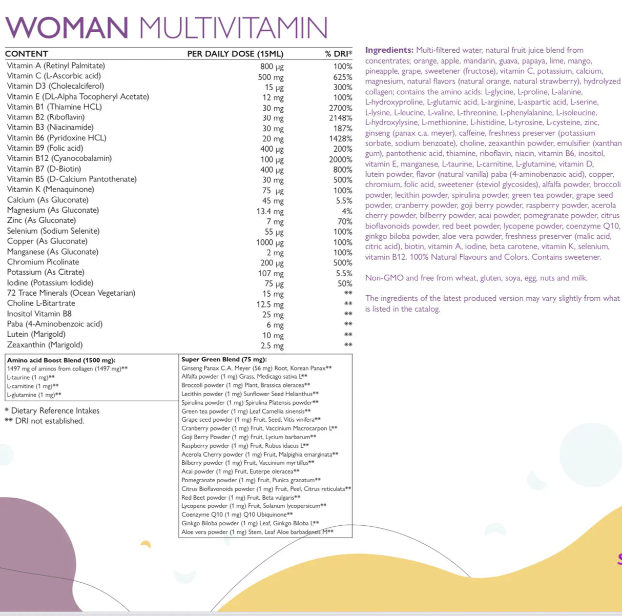 Ženski multivitamini za žene s kolagenom 1497 mg - 147 aktivnih sastojaka /500 ml/