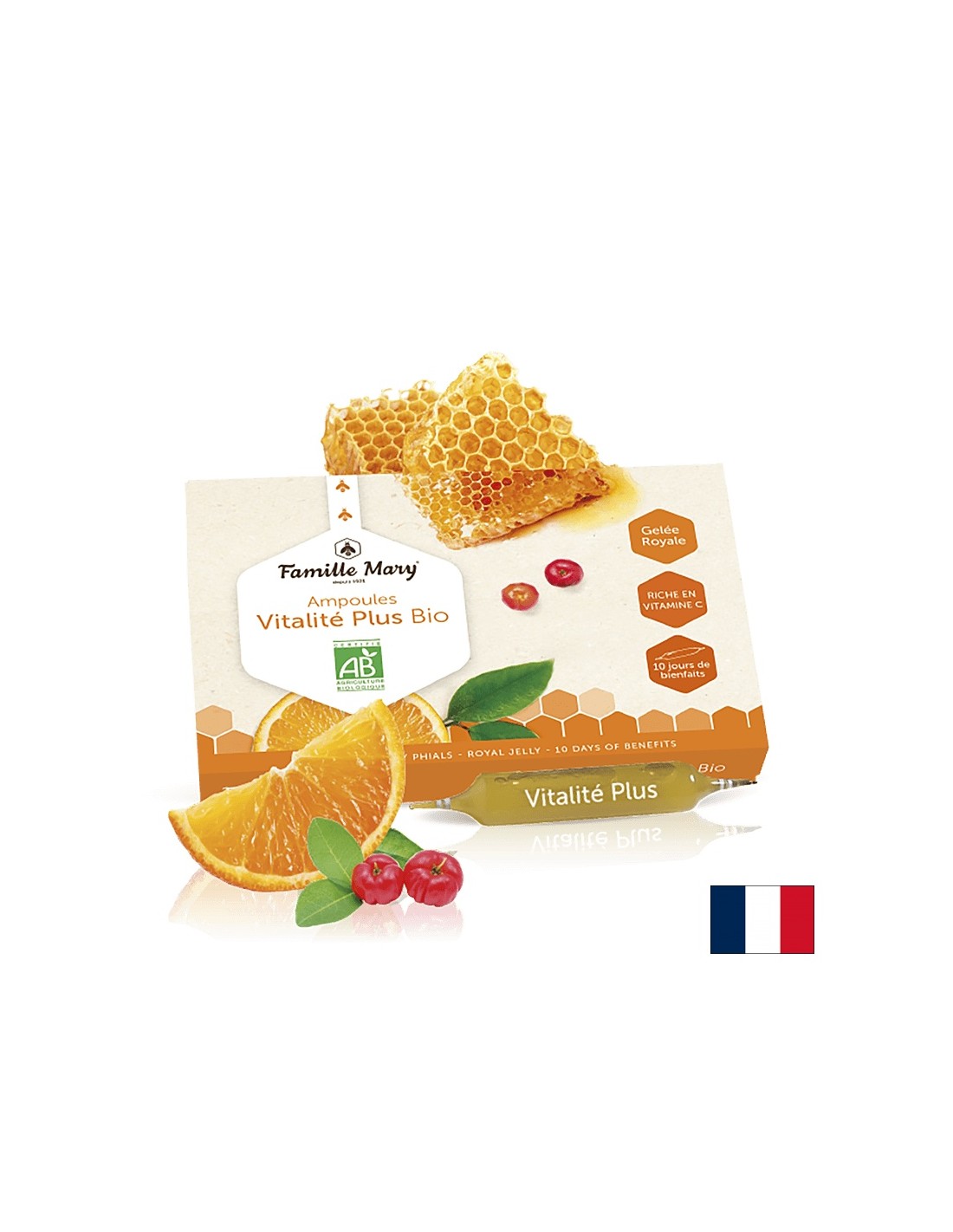 Ampoules Vitalité Plus Bio Jus d'Arange Acerola / Vitalité Plus bio s kraljevskim želeom, narančastom i acerolom, 10 PCS. Famille Marija koja pije ampule