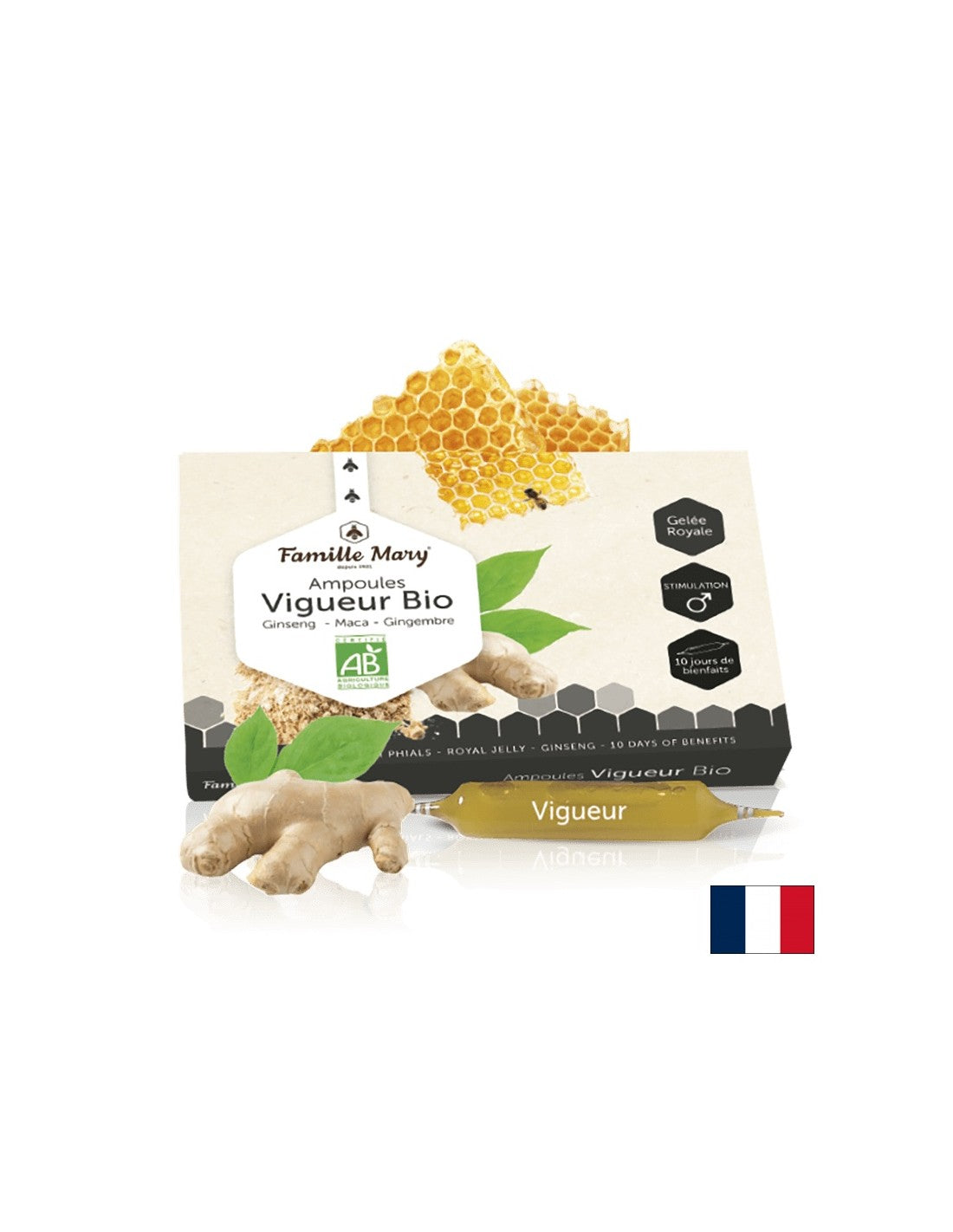 Ampoules Vigueur Bio Ginseng, Maca, Gingembre + Gelée Royale / Formula za vitalnost i mušku potencijalu, 10 ampula Famille Mary