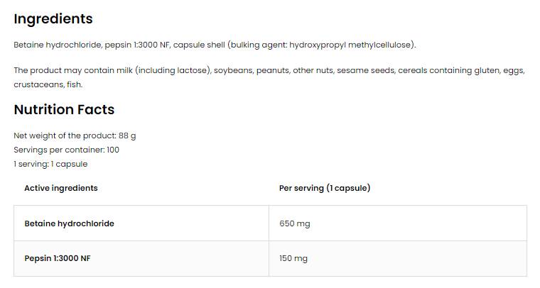 Betaine HCl + Pepsin 100 kapsula