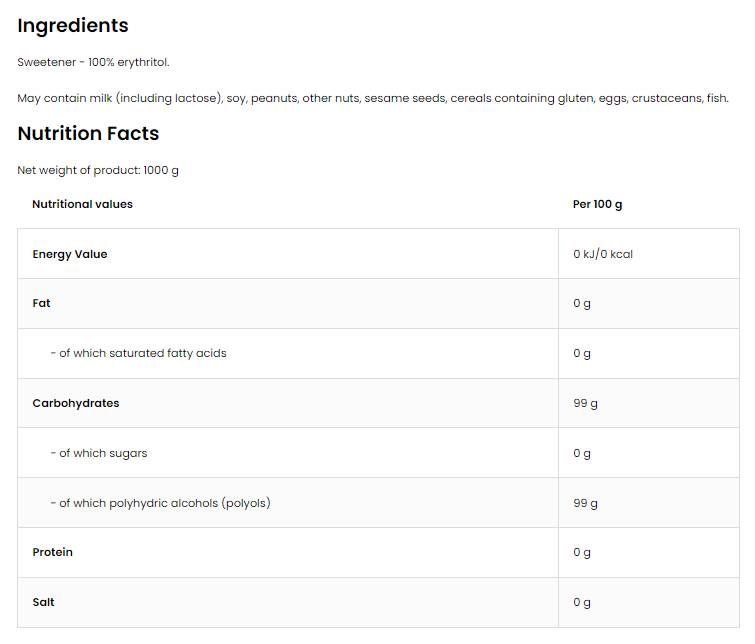 Eritritol / šećer bez šećera - 1000 grama