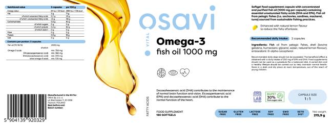 Omega 3 riblje ulje 1000 mg / limun okus - 180 gel kapsula