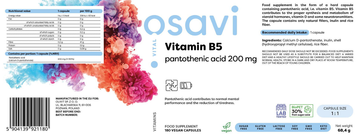 Vitamin B5 | Pantotenska kiselina 200 mg - 180 kapsula