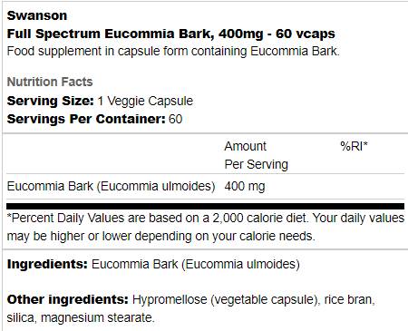 Potpuni spektar Eucommia Bark 400 mg 60 kapsula