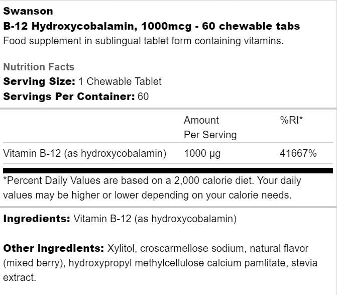 B-12 hidroksikobalamin 1000 mcg 60 tableta za žvakanje