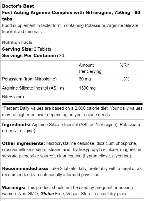 Brzo djelujući argininski kompleks | S nitrosiginom 750 mg - 60 tableta