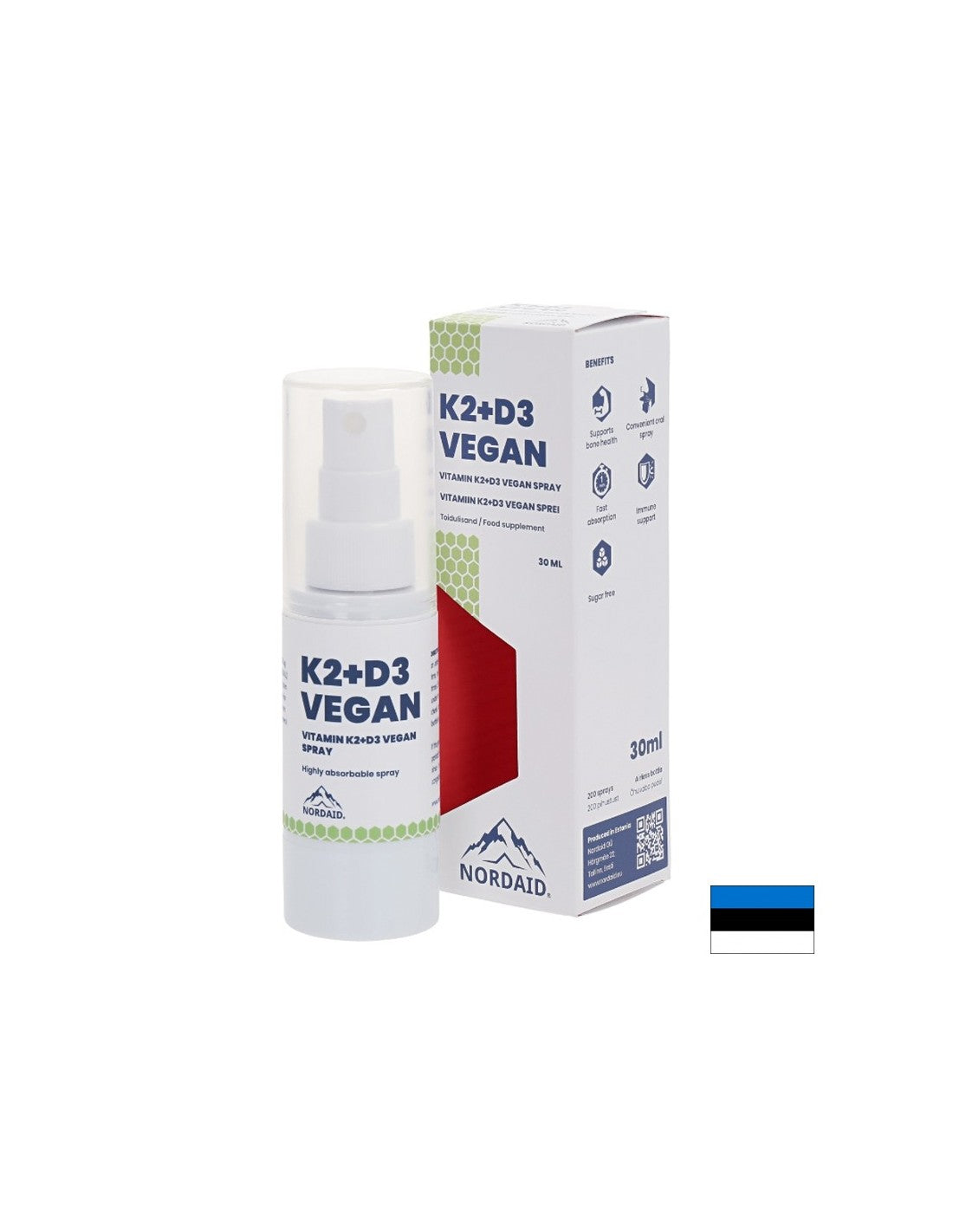 Veganski vitamini K2 (25 µg) + D3 (1000 IU) - Zdravlje srca i kostiju, Snažan imunitet, Sprej za usta, 30 ml, 200 raspršivanja