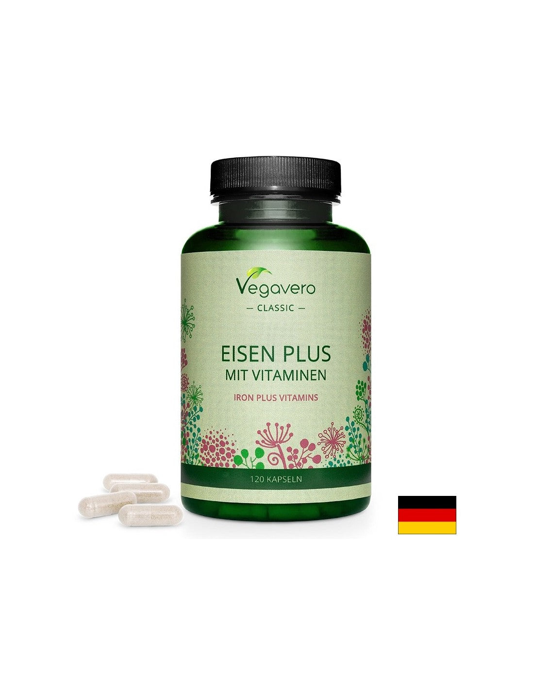 Željezo + vitamini (C, B2, B6, B12 i folna kiselina) - Željezo Plus s vitaminima, 120 kapsula <tc>Vegavero</tc>
