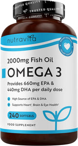 Omega 3 2000 mg /EPA 660 mg, DHA 440 mg/ Čisto riblje ulje /240 kapsula, 120 doza/ <tc>Nutravita</tc>