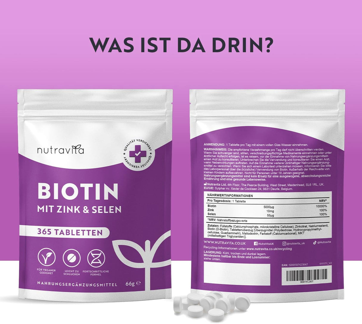 Tablete biotina + selena + cinka za kožu, kosu i nokte – 365 veganskih tableta za 1 godinu <tc>Nutravita</tc>