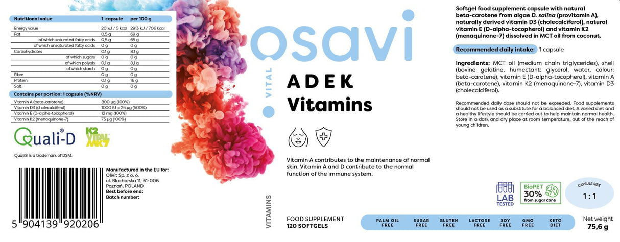 ADEK Vitamini | A + D + E + K | s Quali-D® - 60 gel kapsula