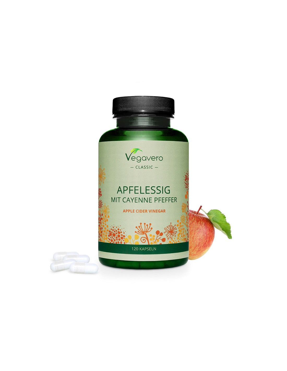 Apfelssig mit Cayenne Pfeffer - Jabučni ocat + ljuta crvena paprika, 120 <tc>Vegavero</tc> kapsule