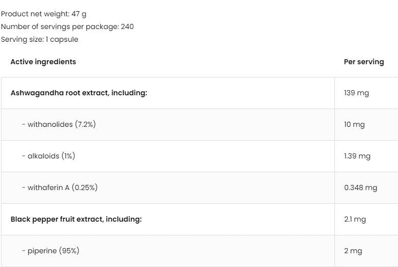 Ekstrakt korijena Ashwagandhe 139 mg 240 kapsula