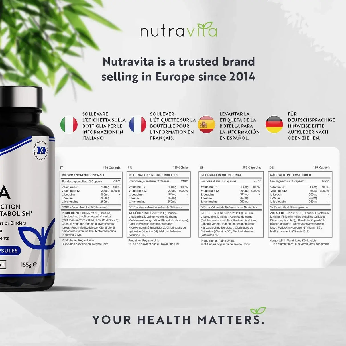 BCAA (2:1:1) s vitaminima B6 & B12 - 180 V kapsula. <tc>Nutravita</tc>