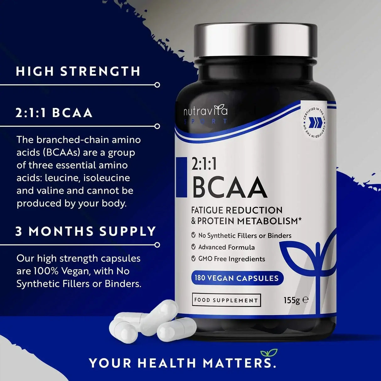 BCAA (2:1:1) s vitaminima B6 & B12 - 180 V kapsula. <tc>Nutravita</tc>