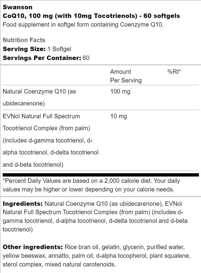 CoQ10 100 mg | Sa 10 mg tokotrienola 60 gel kapsula