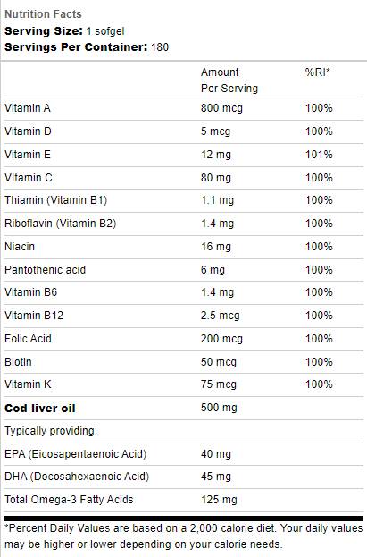 Ulje jetre bakalara 500 mg | S multi vitaminima - 180 gel kapsula