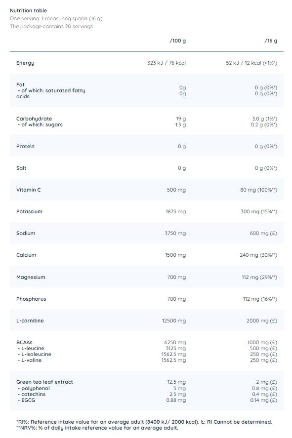 Elektrolitski prah | s BCAA, L-karnitinom & Zeleni čaj - 320 grama