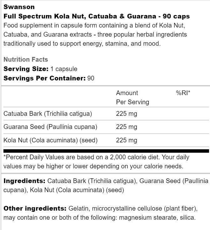 Full Spectrum Kola Nut, Catuaba i Guarana 90 kapsula