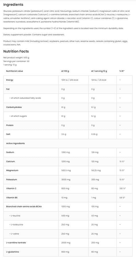 Izotonični prah + BCAA, L-karnitin, L-glutamin - 500 grama