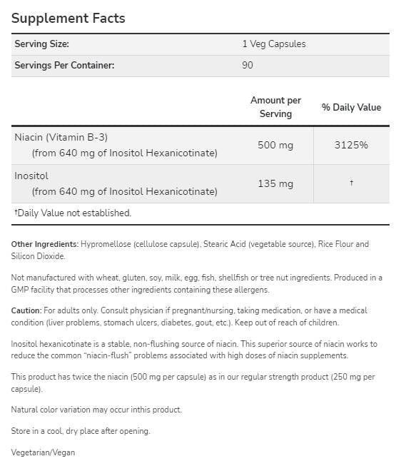 Niacin bez ispiranja 500 mg | Dvostruka čvrstoća - 180 kapsula