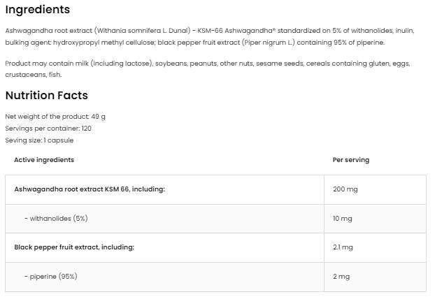 KSM-66 Ashwagandha® 200 mg/Vege Caps 120 kapsula