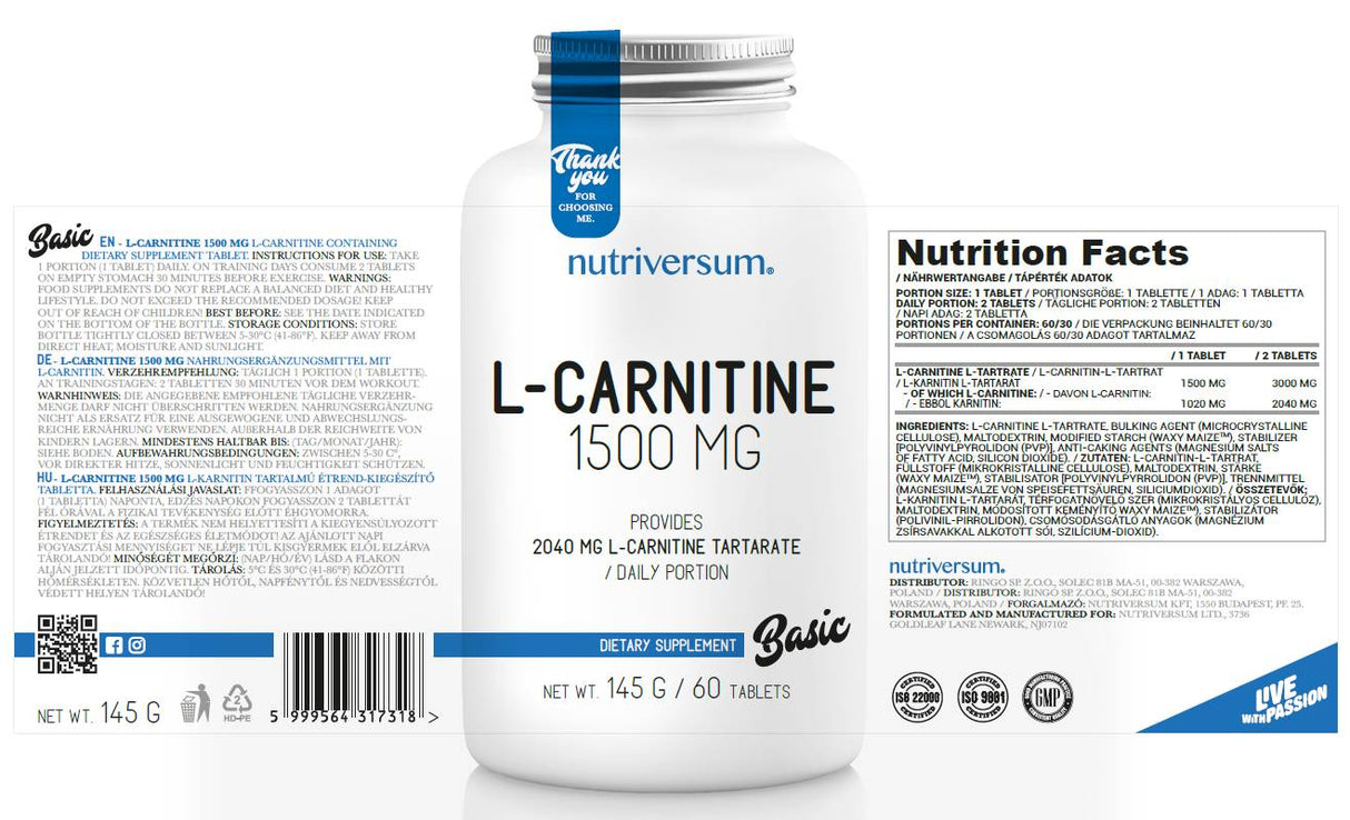L-karnitin 1500 mg - 60 tableta