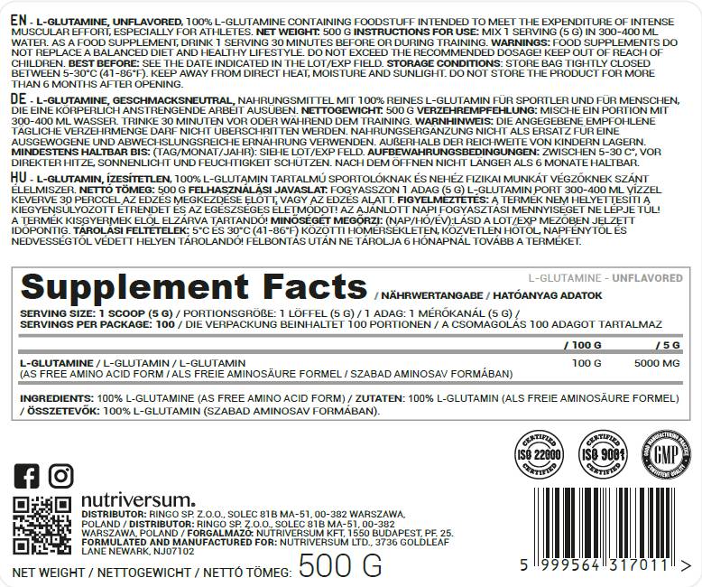 L-glutamin u prahu - 500 grama